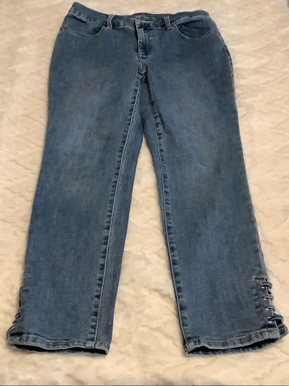 Chico's Light Blue Flare Jeans with Lace-Up Hem